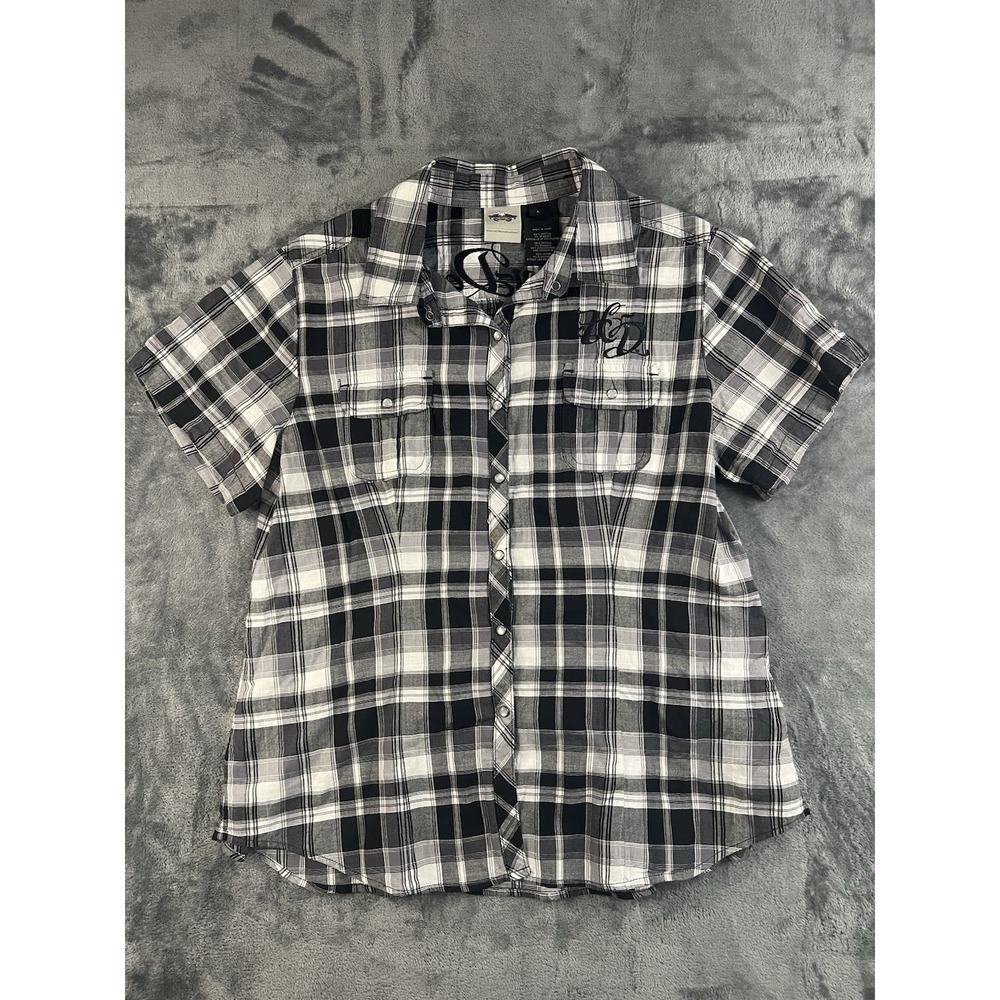 Harley-Davidson Womens L Shirt Black White Plaid Pearl Snap Motorclothes Graphic